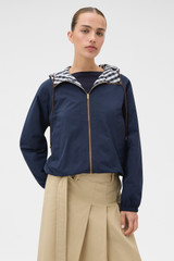 Profile view of model wearing the Oroton Reversible Check Windbreaker in North Sea and 100% polyester fabric for Women .