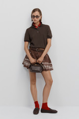 Profile view of model wearing the Oroton Floral Bandana Short in Milk Chocolate and 100% cotton fabric for Women .
