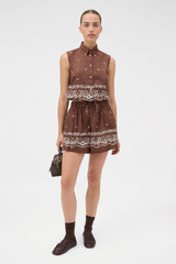 Profile view of model wearing the Oroton Floral Bandana Short in Milk Chocolate and 100% cotton fabric for Women .