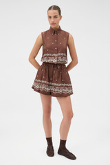 Profile view of model wearing the Oroton Floral Bandana Short in Milk Chocolate and 100% cotton fabric for Women .