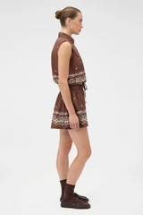 Profile view of model wearing the Oroton Floral Bandana Short in Milk Chocolate and 100% cotton fabric for Women .