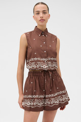 Profile view of model wearing the Oroton Floral Bandana Crop Shirt in Milk Chocolate and 100% cotton fabric for Women .