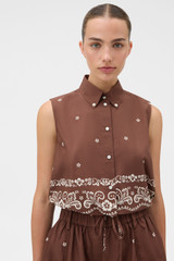 Profile view of model wearing the Oroton Floral Bandana Crop Shirt in Milk Chocolate and 100% cotton fabric for Women .