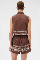 Profile view of model wearing the Oroton Floral Bandana Crop Shirt in Milk Chocolate and 100% cotton fabric for Women .