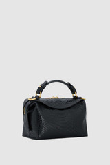 Back product shot of the Oroton Mica Texture Mini Bowler in Black Snake and Premium textured leather for Women .
