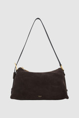 Front product shot of the Oroton Cali Suede Shoulder Bag in Dark Chocolate and Premium cow suede leather for Women .