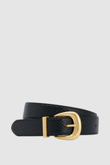 Front product shot of the Oroton Ina 30MM Texture Belt in Black and Premium embossed leather for Women .