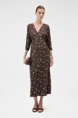Profile view of model wearing the Oroton Mini Daisy Day Dress in Milk Chocolate and 100% silk twill fabric for Women .