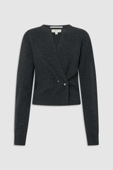 Front product shot of the Oroton Wrap Cardigan in Charcoal and 100% mid-gauge Merino wool fabric for Women .
