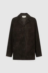 Front product shot of the Oroton Suede Jacket in Dark Chocolate and 100% suede leather for Women .