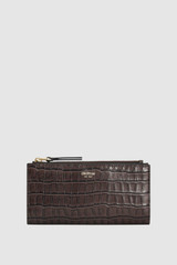 Front product shot of the Oroton Eve Texture Slim Zip Wallet in Coffee Bean Texture and Premium embossed crocodile leather for Women .