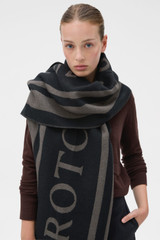 Profile view of model wearing the Oroton Heather Light Weight Wool Scarf in Black/Charcoal and 50% acrylic and 50% wool blend fabric for Women .