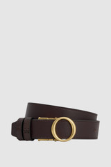Front product shot of the Oroton Harvey Signature Reversible Belt in Burnt Umber and Printed PVC-coated nylon canvas material for Women .