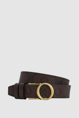 Front product shot of the Oroton Harvey Signature Reversible Belt in Burnt Umber and Printed PVC-coated nylon canvas material for Women .