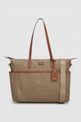 Front product shot of the Oroton Lilly Nylon Baby Bag in Mushroom/Cognac and Nylon fabric material for Women .