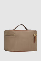 Back product shot of the Oroton Lilly Nylon Top Handle Beauty Case in Mushroom/Cognac and Recycled nylon fabric material for Women .