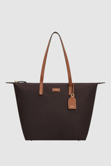 Front product shot of the Oroton Lilly Nylon Light Weight Tote Bag in Burnt Umber/Cognac and Nylon fabric material for Women .