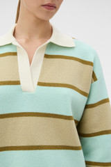Profile view of model wearing the Oroton Rugby Stripe Knit in Haystack and 100% superfine wool fabric for Women .