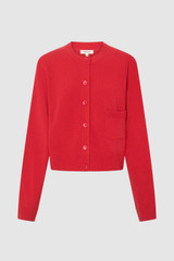 Front product shot of the Oroton Knit Detail Cardigan in Soft Red and 100% superfine wool fabric for Women .