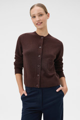 Profile view of model wearing the Oroton Knit Detail Cardigan in Dark Chocolate and 100% superfine wool fabric for Women .