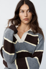 Profile view of model wearing the Oroton Rugby Stripe Knit in Dark Chocolate and 100% superfine wool fabric for Women .