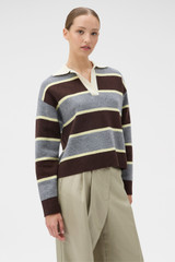 Profile view of model wearing the Oroton Rugby Stripe Knit in Dark Chocolate and 100% superfine wool fabric for Women .