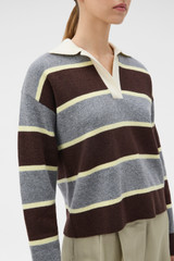 Profile view of model wearing the Oroton Rugby Stripe Knit in Dark Chocolate and 100% superfine wool fabric for Women .