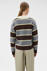 Profile view of model wearing the Oroton Rugby Stripe Knit in Dark Chocolate and 100% superfine wool fabric for Women .