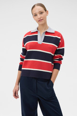 Profile view of model wearing the Oroton Rugby Stripe Knit in North Sea and 100% superfine wool fabric for Women . IP:2