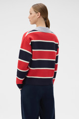 Profile view of model wearing the Oroton Rugby Stripe Knit in North Sea and 100% superfine wool fabric for Women .