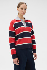 Profile view of model wearing the Oroton Rugby Stripe Knit in North Sea and 100% superfine wool fabric for Women .