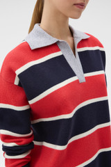 Profile view of model wearing the Oroton Rugby Stripe Knit in North Sea and 100% superfine wool fabric for Women . IP:4