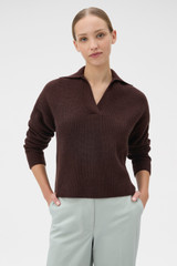 Profile view of model wearing the Oroton Rib Knit Popover in Dark Chocolate and 100% superfine wool fabric for Women .