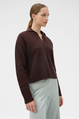 Profile view of model wearing the Oroton Rib Knit Popover in Dark Chocolate and 100% superfine wool fabric for Women .