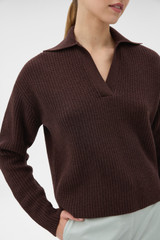 Profile view of model wearing the Oroton Rib Knit Popover in Dark Chocolate and 100% superfine wool fabric for Women .