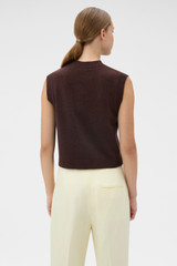 Profile view of model wearing the Oroton Knit Detail Vest in Dark Chocolate and 100% superfine wool fabric for Women .