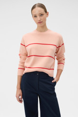 Profile view of model wearing the Oroton Stripe Knit Pullover in Peach and 100% superfine wool fabric for Women .