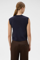 Profile view of model wearing the Oroton Knit Detail Vest in North Sea and 100% superfine wool fabric for Women .