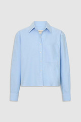 Front product shot of the Oroton Oxford Cropped Shirt in Soft Blue and 100% cotton fabric for Women .