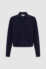 Front product shot of the Oroton Collar Cardigan in North Sea and 100% super soft merino wool fabric for Women .