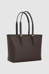 Back product shot of the Oroton Dylan Signature Buckle Large Tote in Burnt Umber and Printed PVC-coated nylon canvas material for Women .