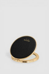 Front product shot of the Oroton Eve Round Mirror in Black and Premium pebble leather for Women .