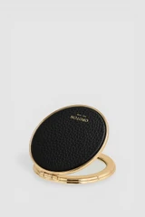 Front product shot of the Oroton Eve Round Mirror in Black and Premium pebble leather for Women .
