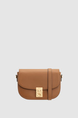 Front product shot of the Oroton Yvonne Small Saddle Bag in Tan and Pebble Leather for Women .