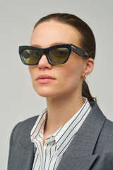 Profile view of model wearing the Oroton Sebes Sunglasses in Black and Acetate material for Women .