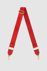 Front product shot of the Oroton Heather Long Light Gold Webbing Strap in Dark Ruby and Polyester webbing strap and pebble leather trim for Women .