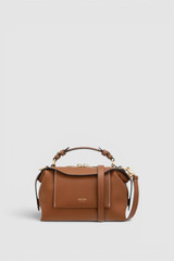 Front product shot of the Oroton Mica Mini Bowler in Brandy and Premium pebble leather for Women .