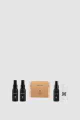 Internal product shot of the Oroton Product Care Leather Kit in Natural and Contains 1 x Oroton Canvas Pouch, 1 x Oroton Colourfast Microfibre Cloth, 1 x Oroton Leather Shampoo, 1 x Oroton Leather Conditioner, 1 x Oroton Stain & Rain Protector for Women .