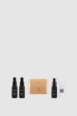 Internal product shot of the Oroton Product Care Leather Kit in Natural and Contains 1 x Oroton Canvas Pouch, 1 x Oroton Colourfast Microfibre Cloth, 1 x Oroton Leather Shampoo, 1 x Oroton Leather Conditioner, 1 x Oroton Stain & Rain Protector for Women .