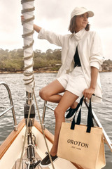 Detail product shot of the Oroton Everyday Tote in Straw and Crafted from 99.9% recycled polyester material for Women .
